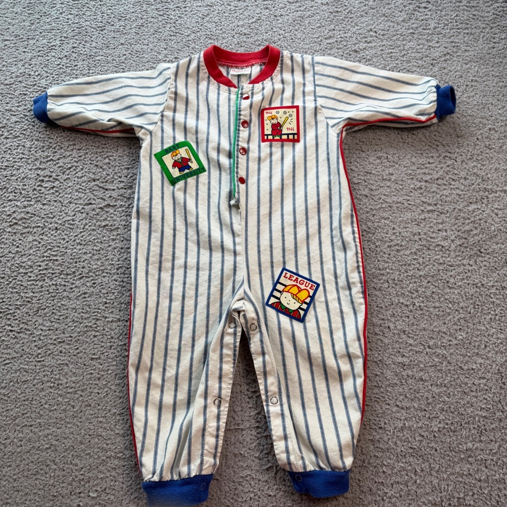 Vintage 80s Health-tex Baby Baseball Pinstripe Coverall 24M Made in USA 5991